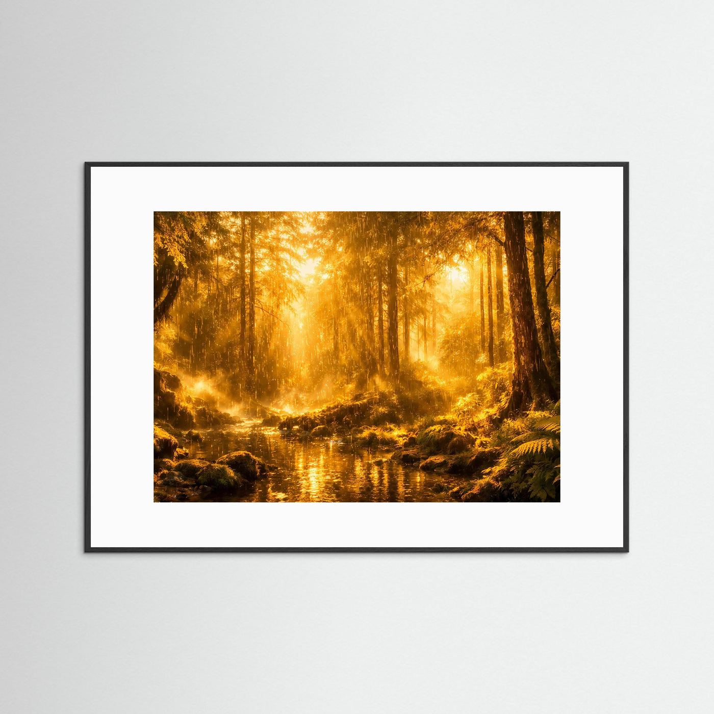 Goldener Sonnenregen im Urwald | Mystischer Wald & Bach Poster Querformat