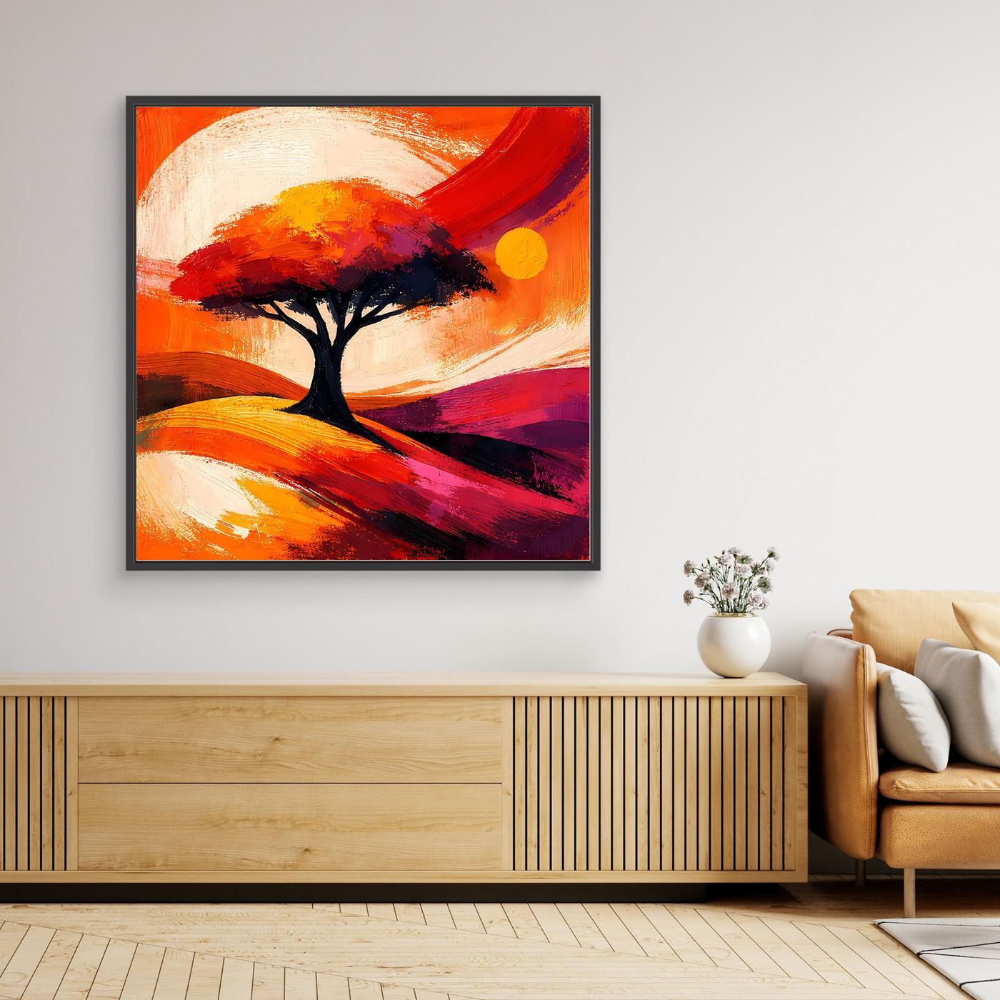 Gerahmtes Leinwandbild: abstrakter Baum mit roten Pinselstrichen auf orangem Hintergrund