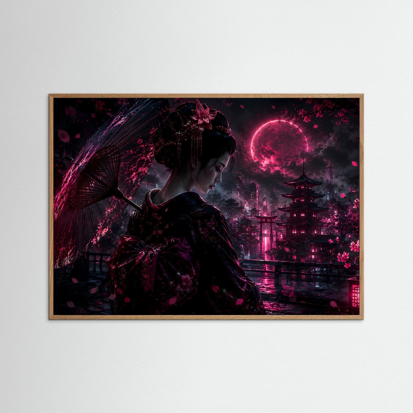 Geisha bei Nacht in Neon Pink | Japanische Cyberpunk Kunst mit Mond & Pagode
