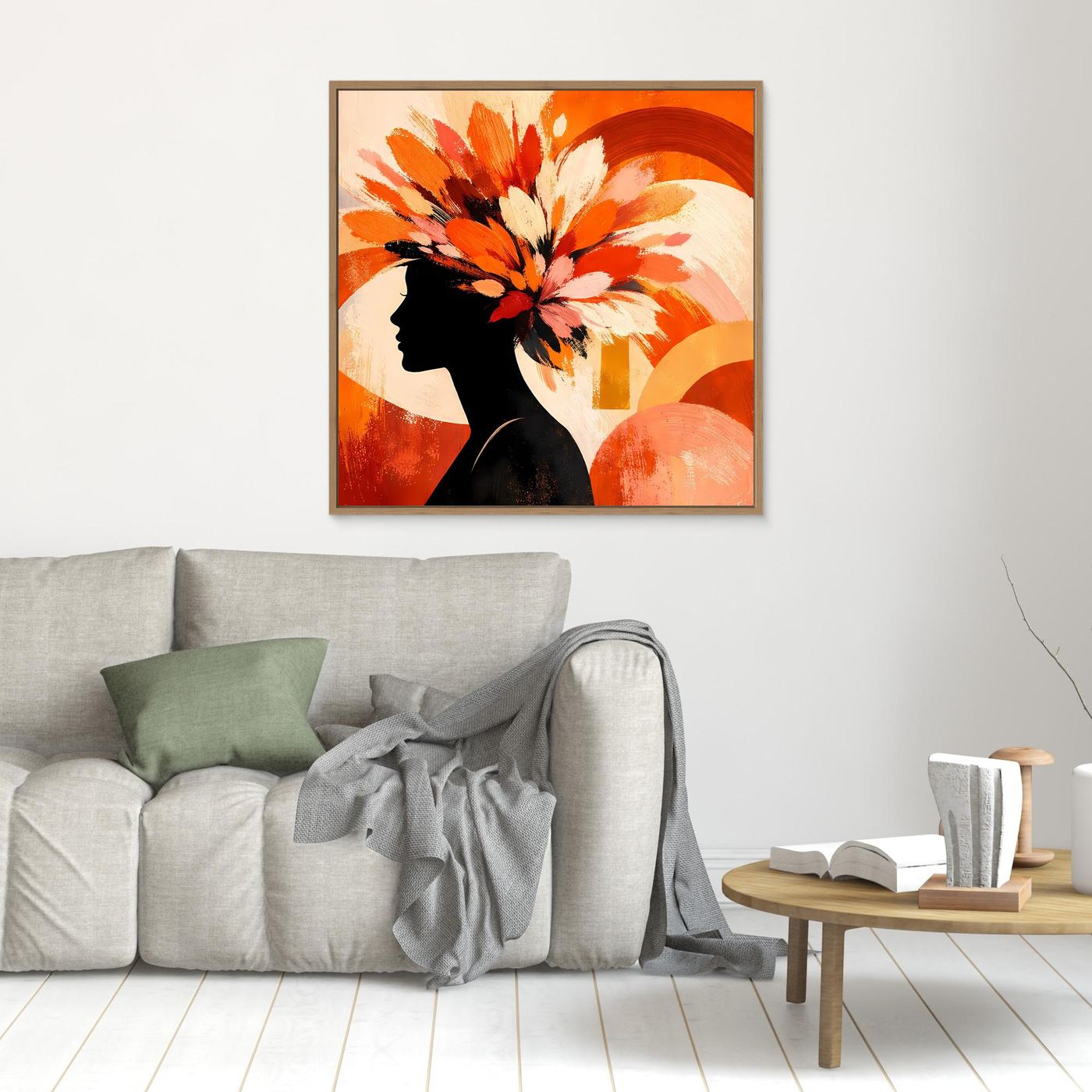 Wandbild mit abstrakter Frauen-Silhouette und Blumenkranz, gerahmt, an der Wand