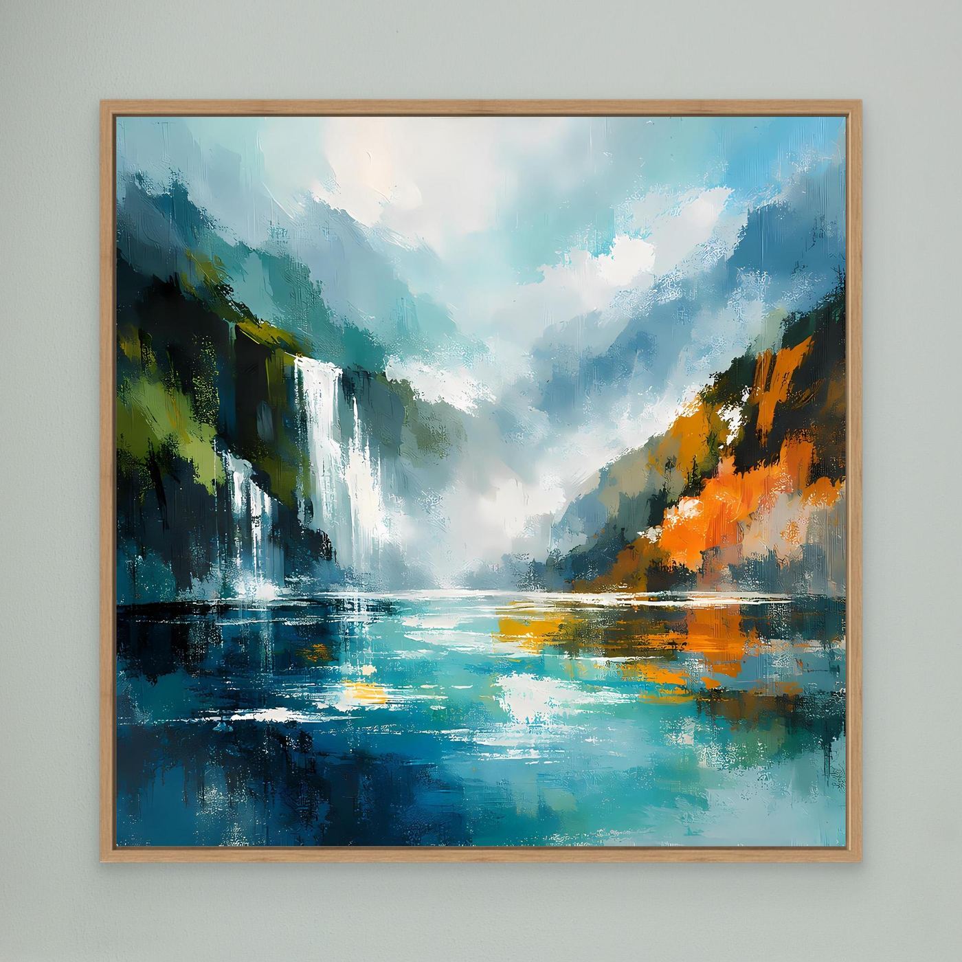 Abstraktes Wandbild mit Wasserfall und Fjord, türkis/blau, Eichenrahmen.