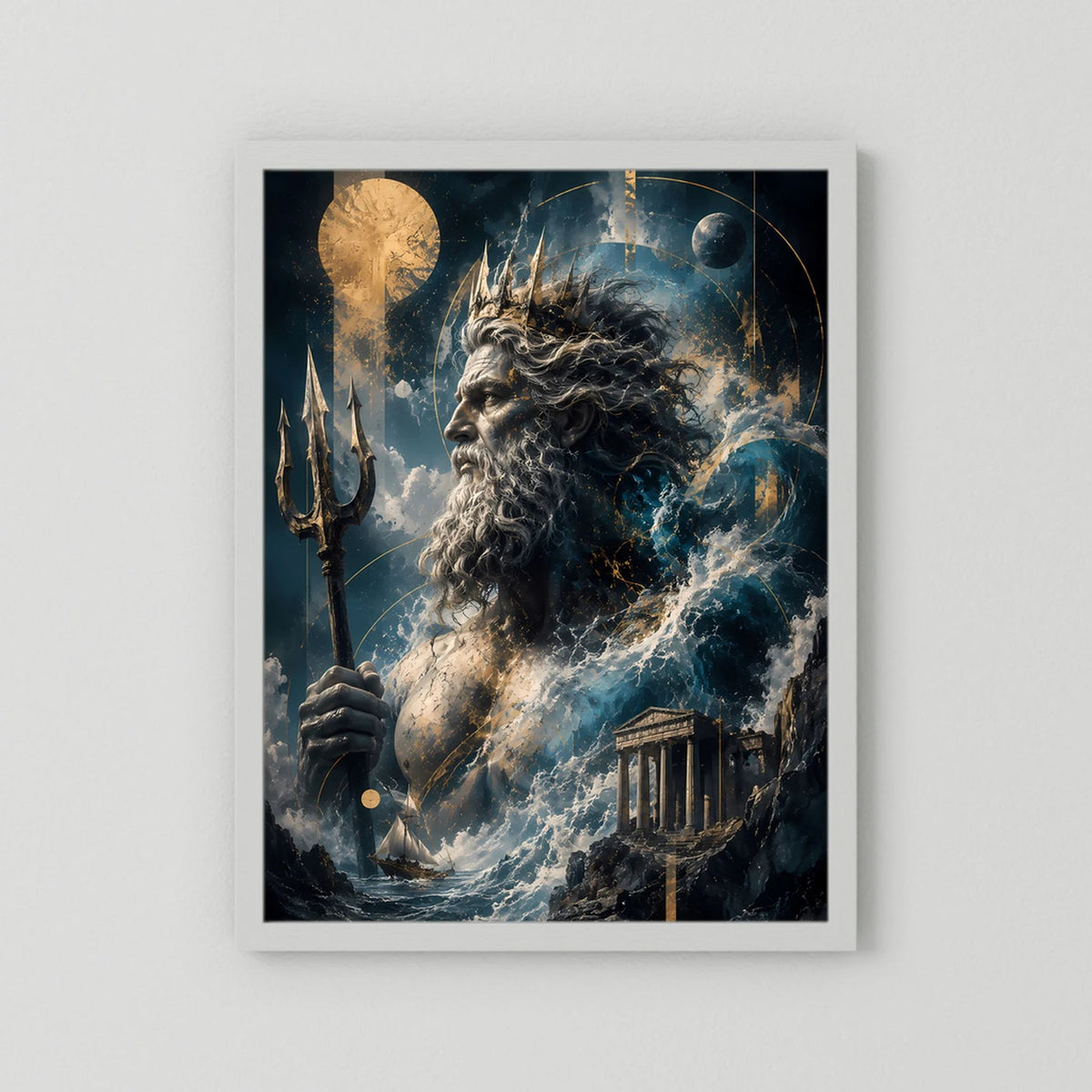 Hochformat-Poster mit Dreizack und Wellenmotiv, im weißen Rahmen