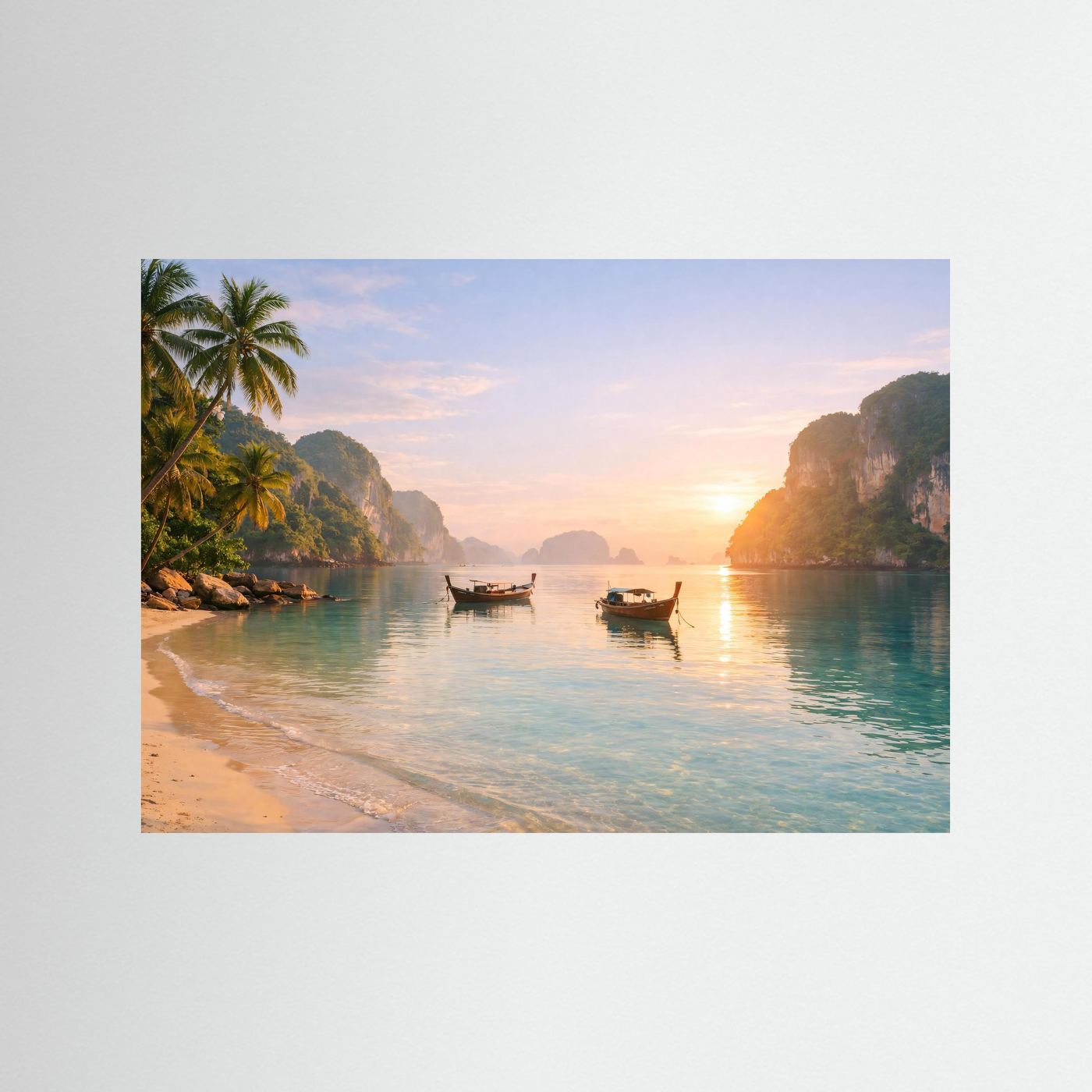 Poster im Querformat: Sonnenaufgang an tropischer Bucht mit Booten am Wasser