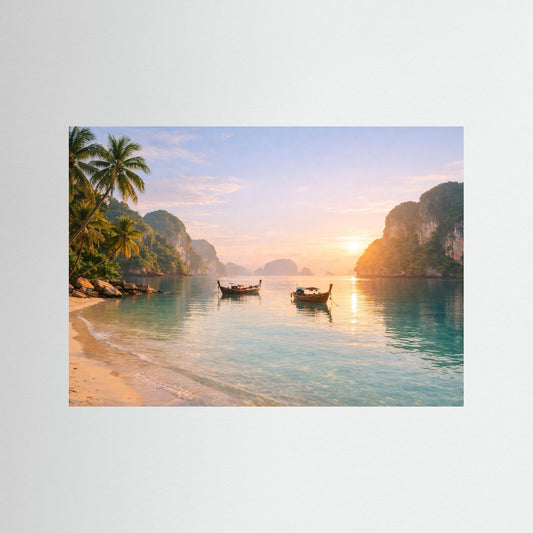 Poster im Querformat: Sonnenaufgang an tropischer Bucht mit Booten am Wasser