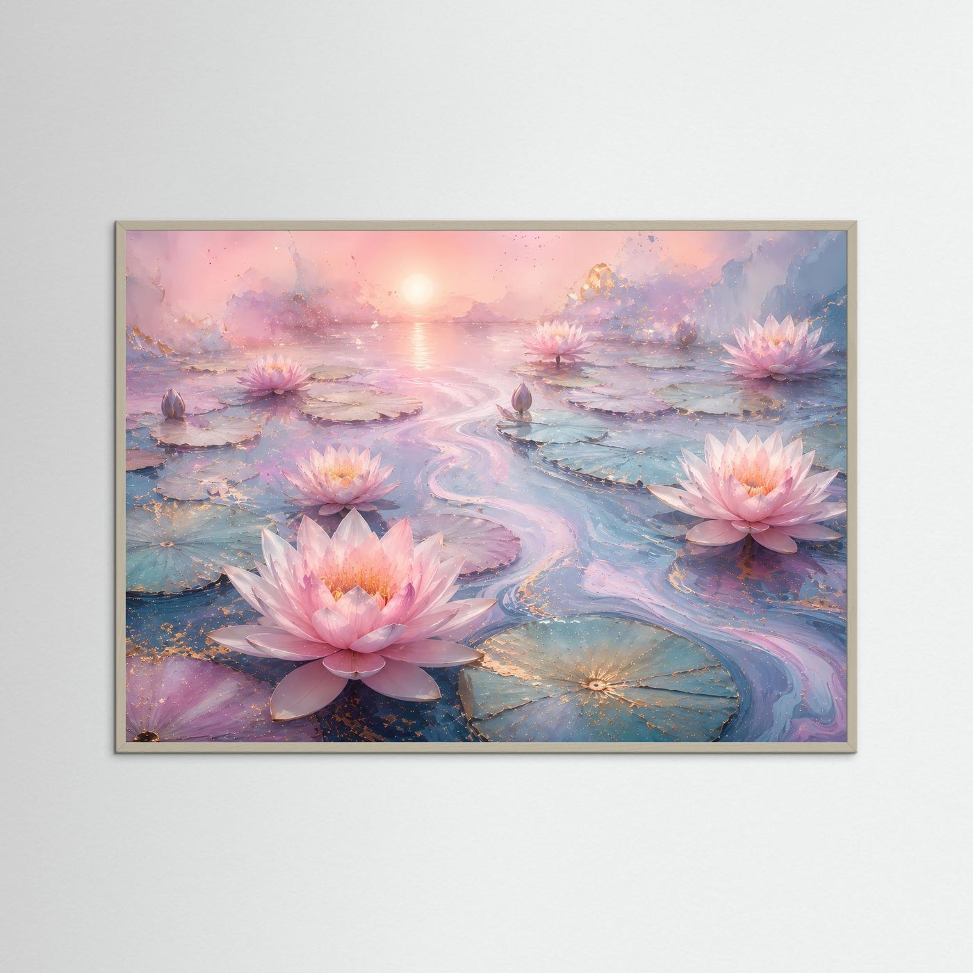 Lotusblüten Poster Querformat | Rosa Seerosen auf Wasser | Elegante Zen Wandkunst in Pastell