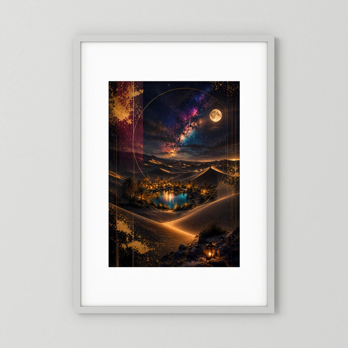 Hochformatiges Poster mit Vollmond über nächtlicher Wüstenlandschaft und leuchtendem Pfad