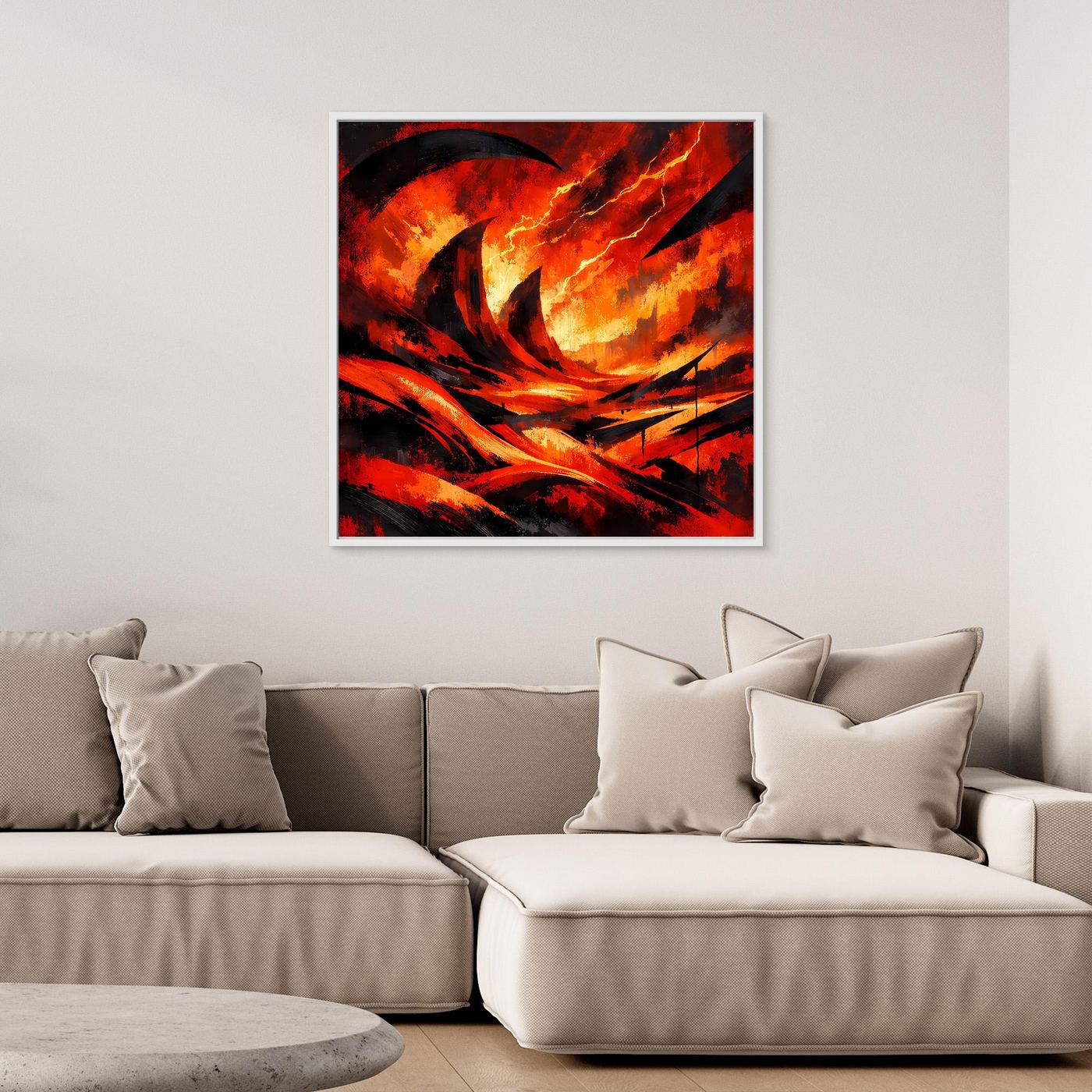 Gerahntes Leinwand-Wandbild mit dynamischer Lava-Optik und Blitzen, schwarzer Rahmen.