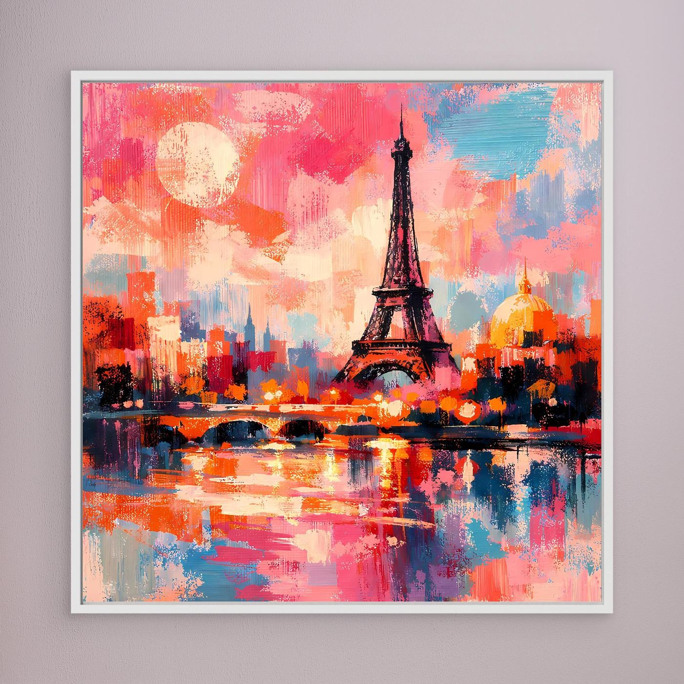 Leinwand-Wandbild mit abstraktem Eiffelturm und Sonnenscheibe über Stadt- und Wasserbild, weiß gerahmt.