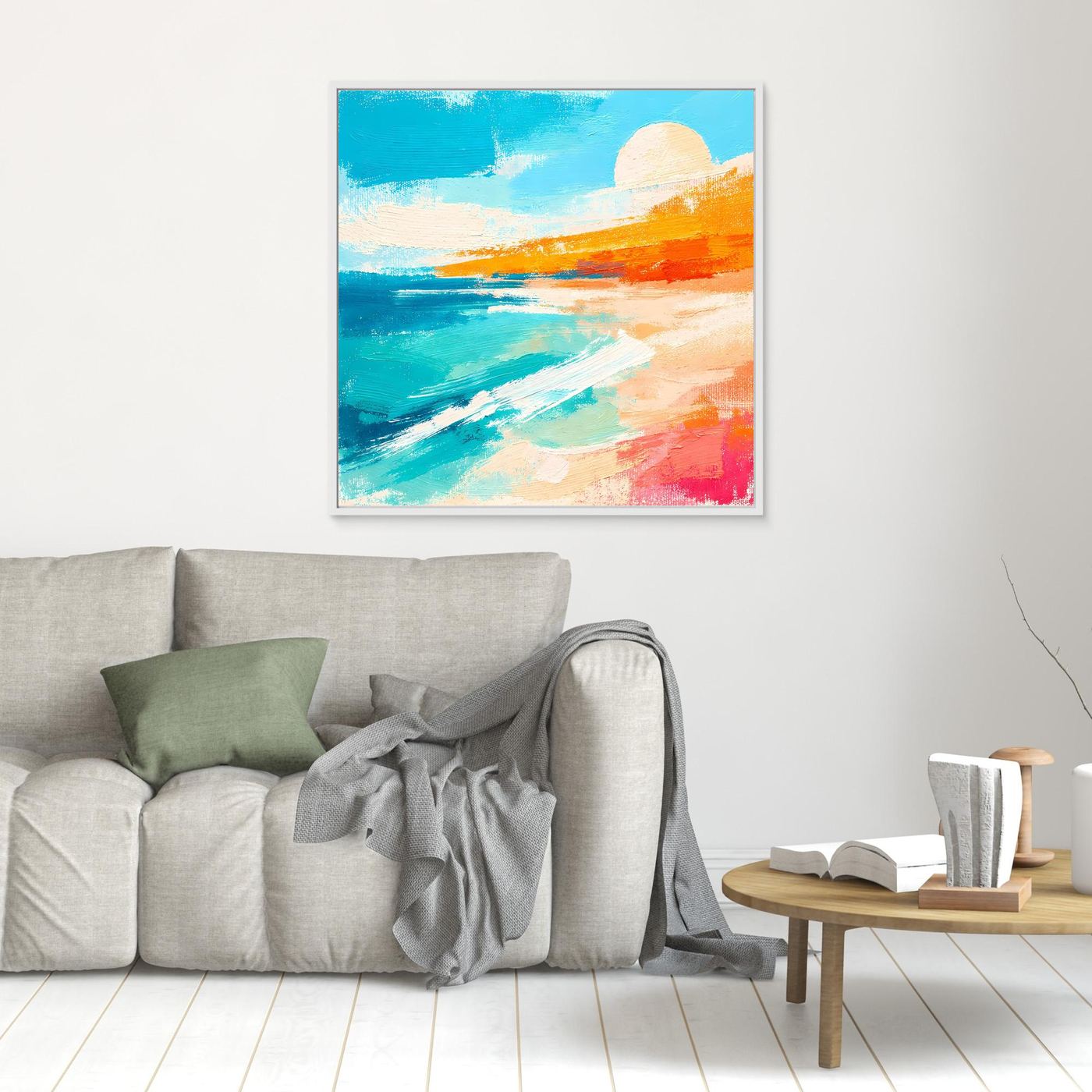 Abstract beach wall art: teal ocean, orange shore, pale sun; white frame