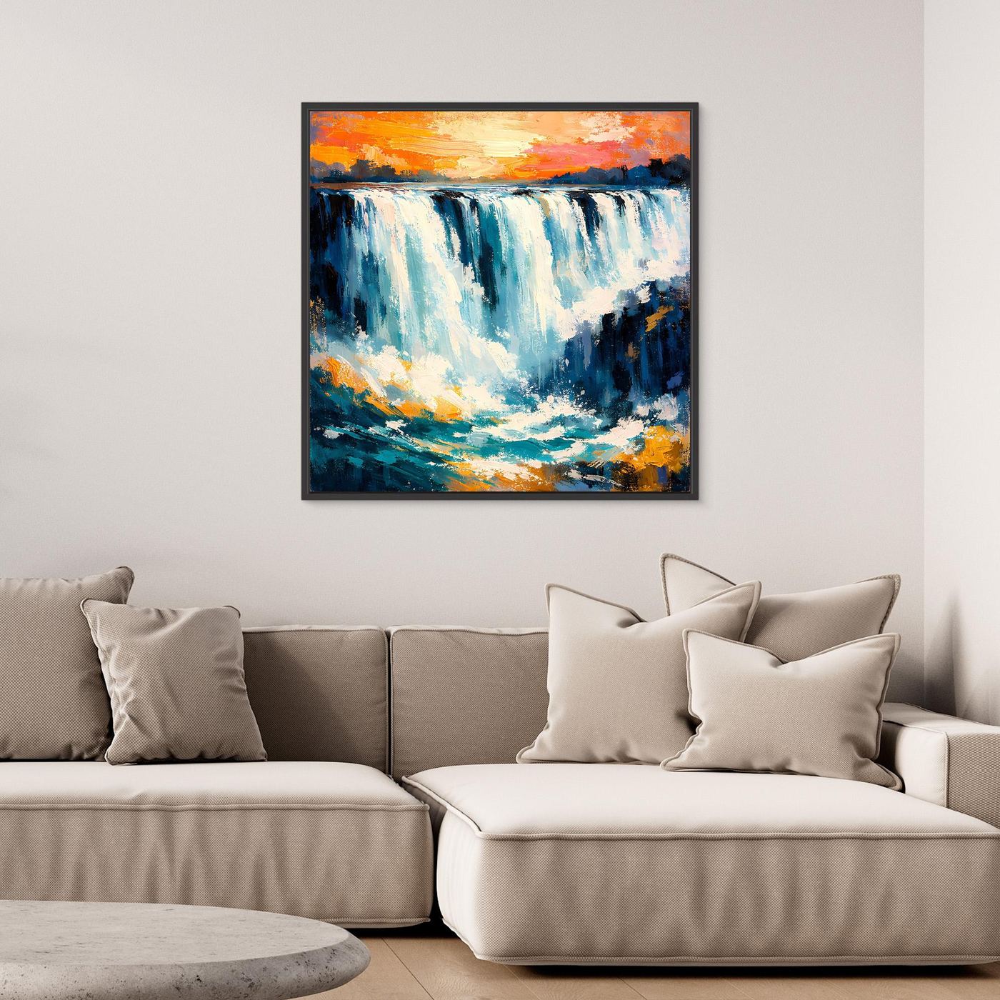 Gerahmtes abstraktes Wasserfall-Leinwandbild mit blau-weißen Kaskaden und orangefarbenem Himmel.