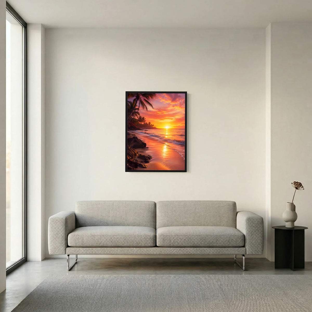 Poster Hochformat mit Strand-Sonnenuntergang, Palmen und orange-pinkem Himmel, schwarzer Rahmen