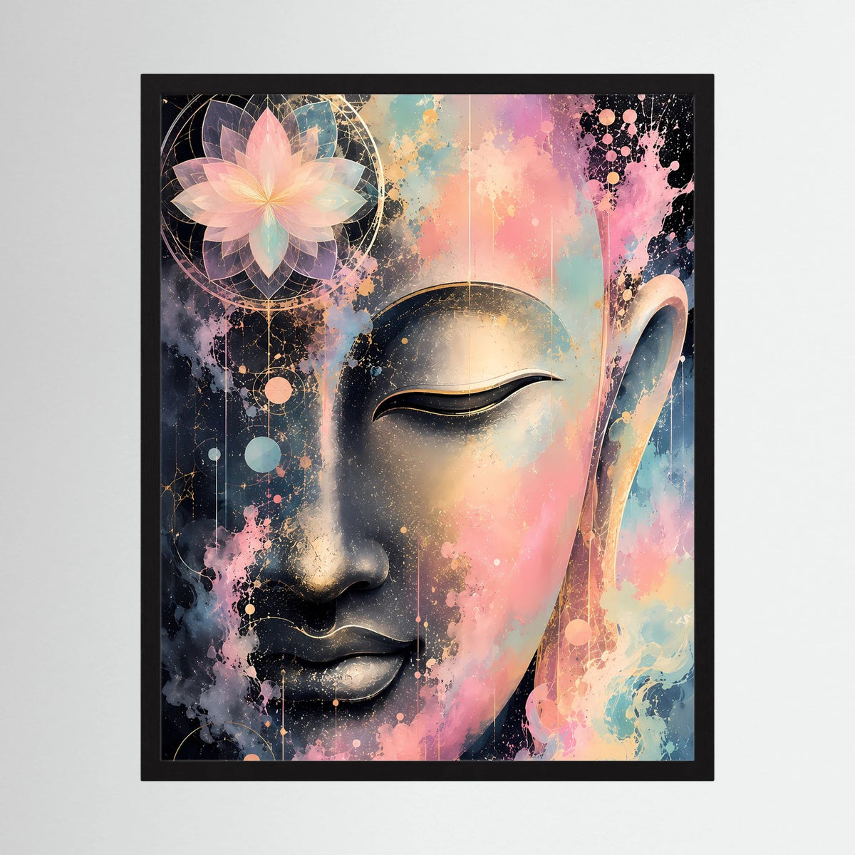Abstraktes Buddha-Kunstposter im Hochformat: Vollflächiges Gesicht in Pastell, Gold & Schwarz, schwarz gerahmt