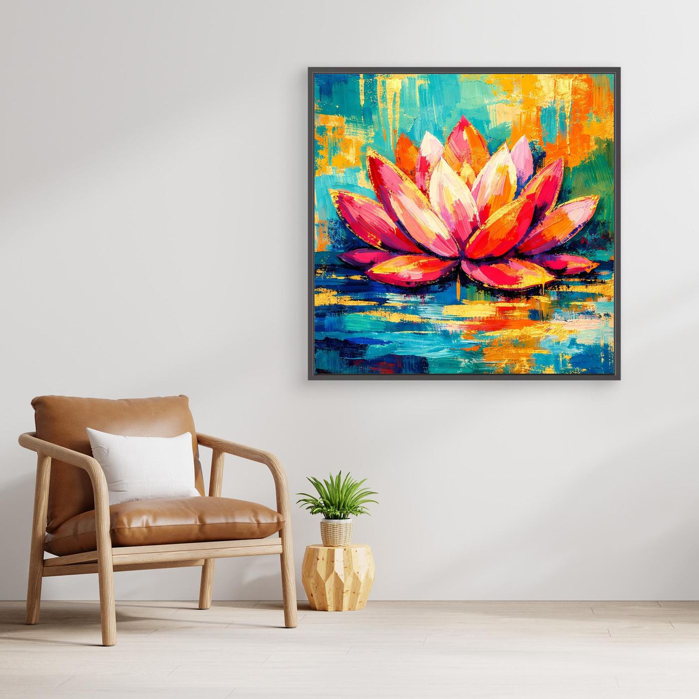 Abstraktes Lotus-Leinwandbild mit bunten Blüten, mit dunklem Rahmen