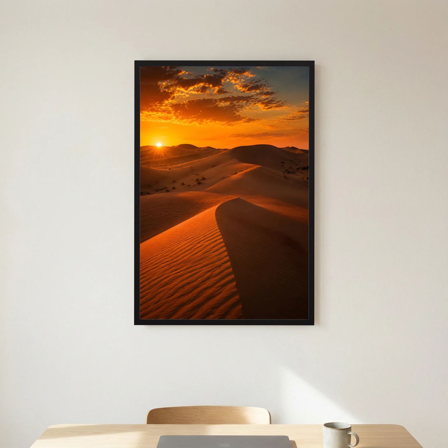 Poster mit Sanddünen bei Sonnenuntergang im schwarzen Rahmen.