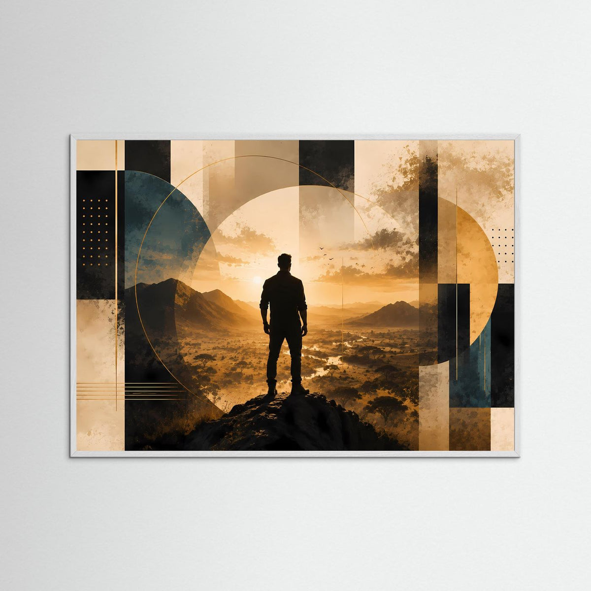 Querformat-Poster mit Silhouette eines Mannes auf Berggipfel im hellbraunen Holzrahmen, Gold und Schwarz