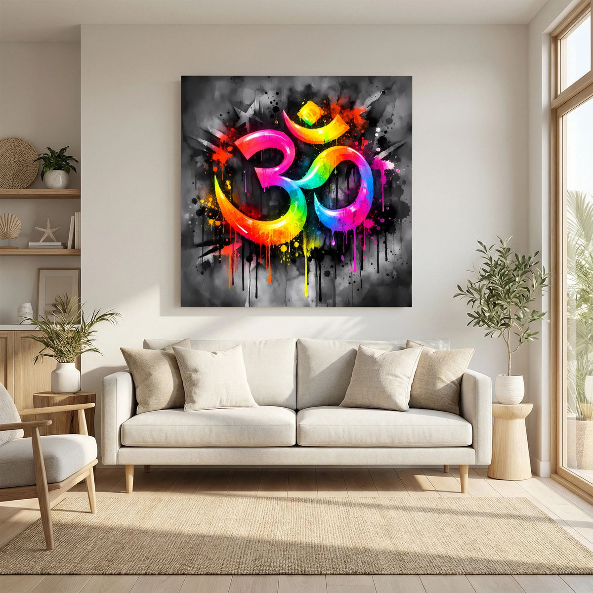 Leinwandbild: großes Om-Symbol auf Keilrahmen, abstrakte Regenbogenfarben und Farbschleier.