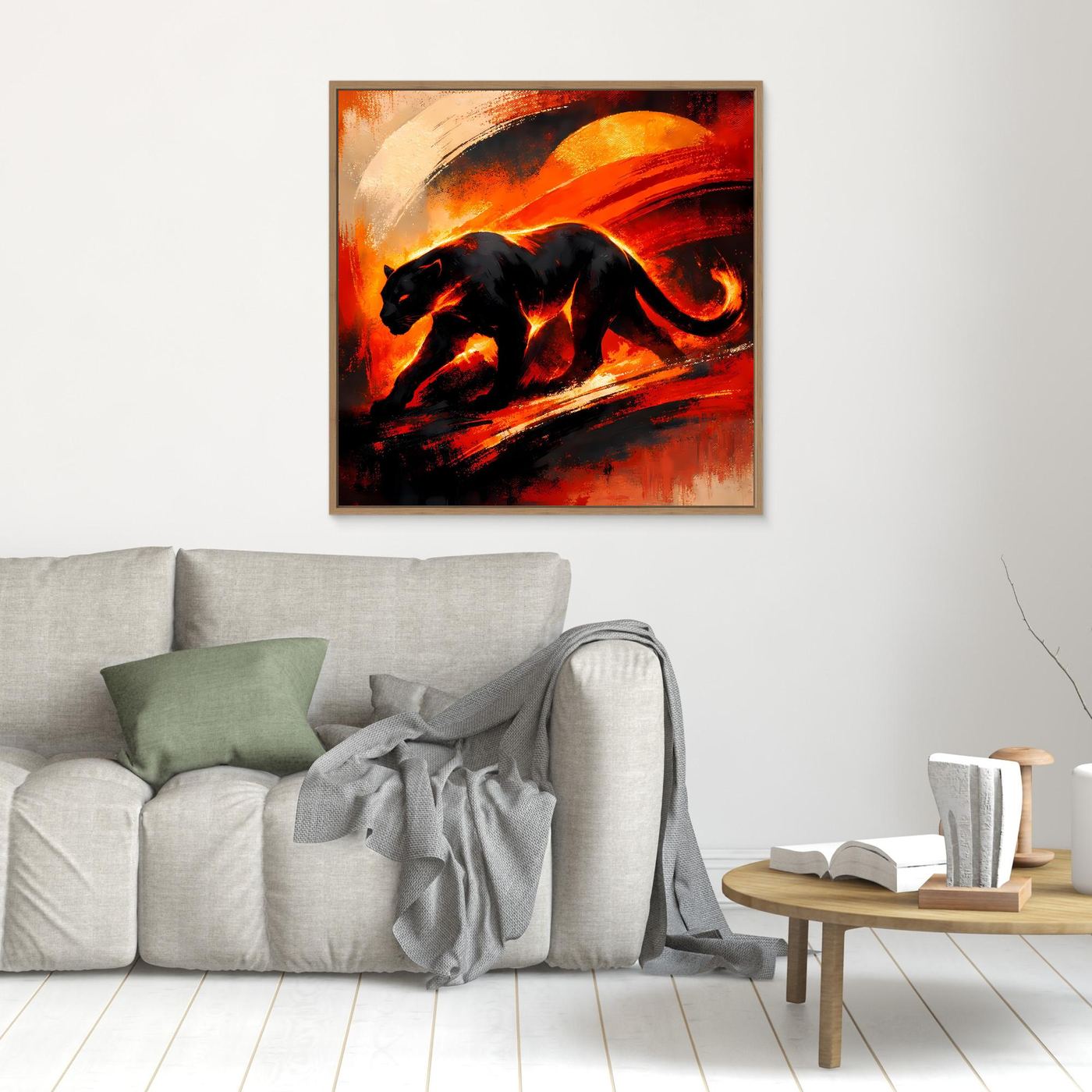 Kleines Leinwandbild mit schwarzem Panther in abstraktem Feuerrot, brauner Rahmen