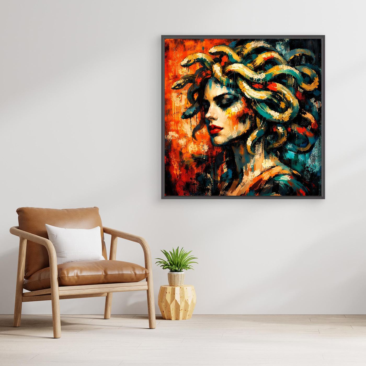 Leinwandbild mit Medusa-Porträt, seitlicher Blick, orangefarbener Hintergrund, türkis-grünes Haar