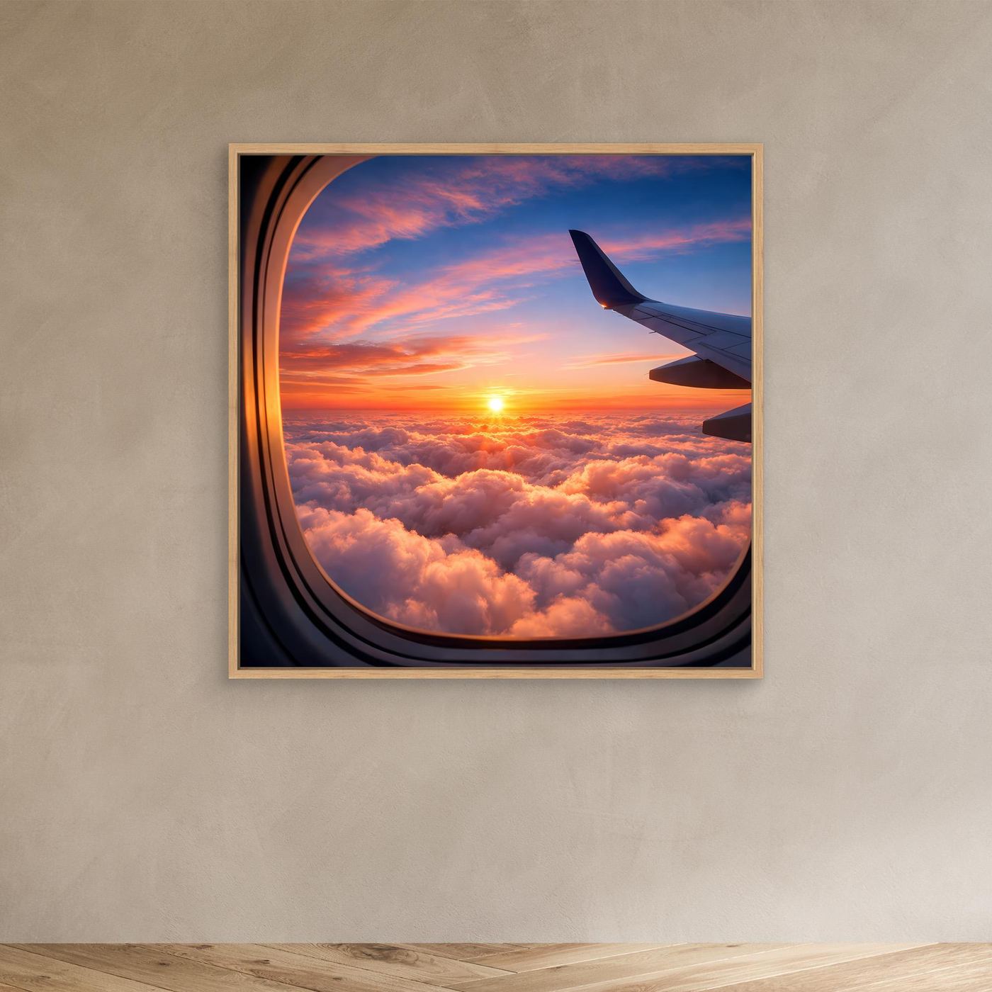 Leinwandbild Flugzeugfenster mit Sonnenuntergang über Wolken; Holzrahmen