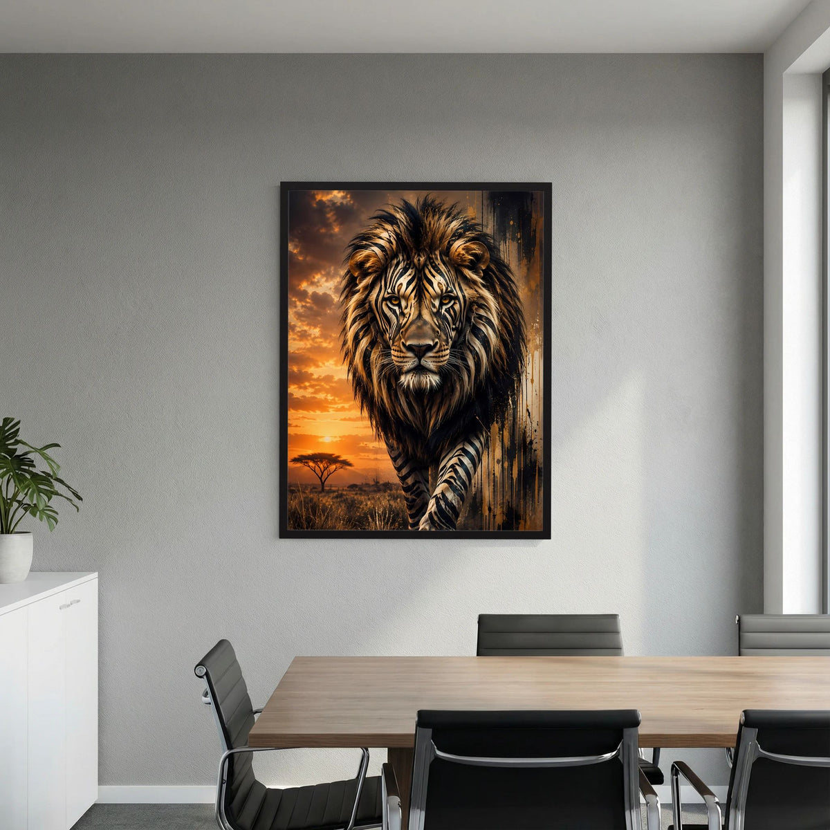 Löwen-Poster im schwarzen Rahmen, Zebramuster-Löwe vor Sonnenuntergangs-Savanne.