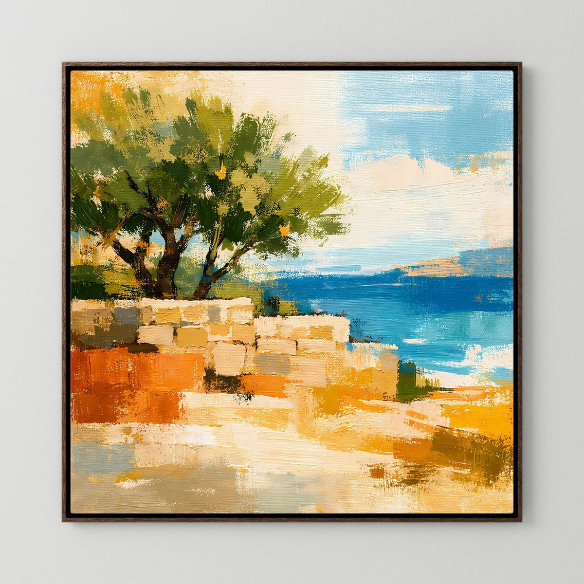 Quadratisches Wandbild auf Leinwand: grüner Baum über orangebraunen Pflastersteinen, blaues Wasser.