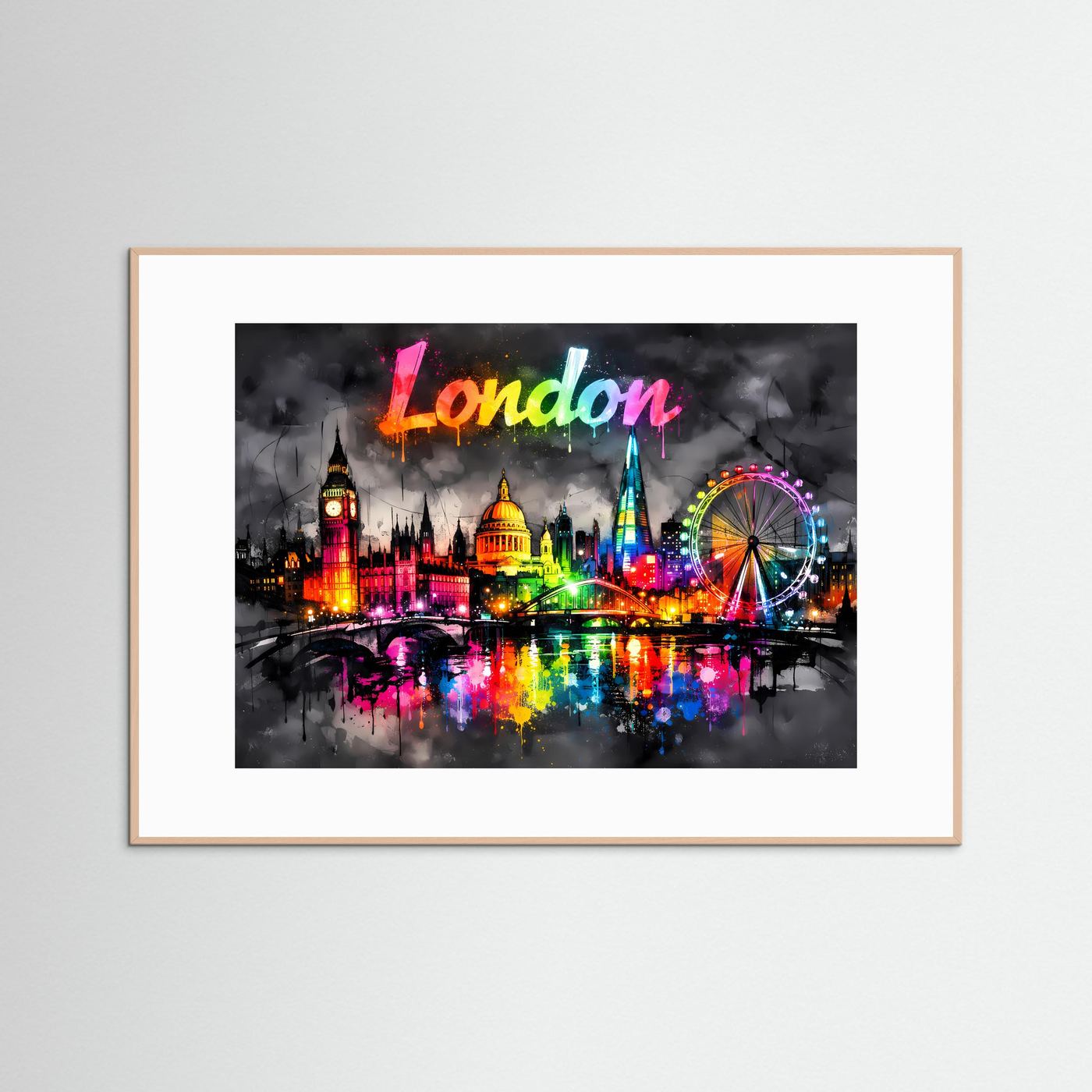 Neon-Splash-Poster im Querformat: London-Skyline mit Schriftzug, rötlicher Holzrahmen