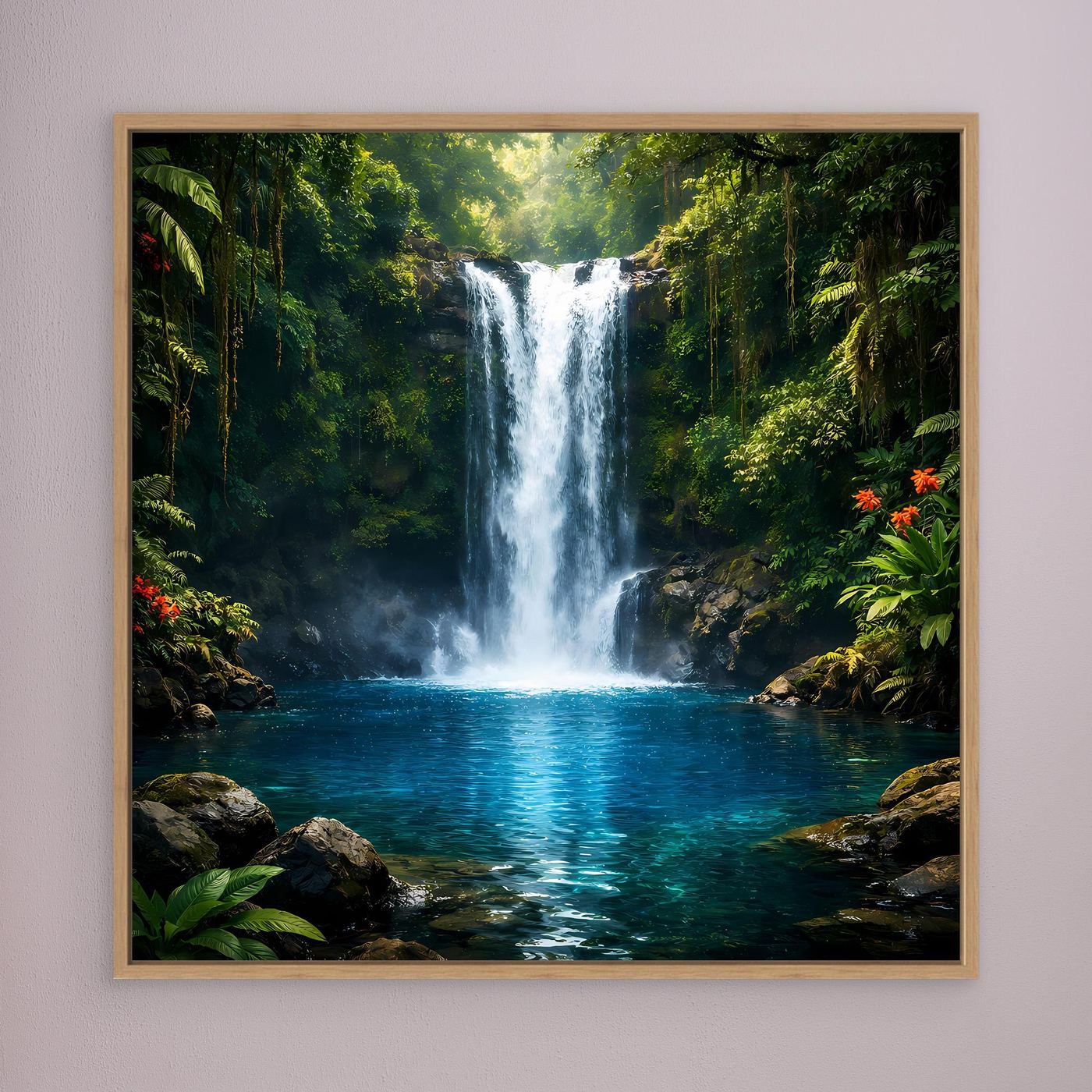 Leinwandbild mit Wasserfall im Dschungel, goldbraun gerahmt, tropische Grün-Blau-Szene