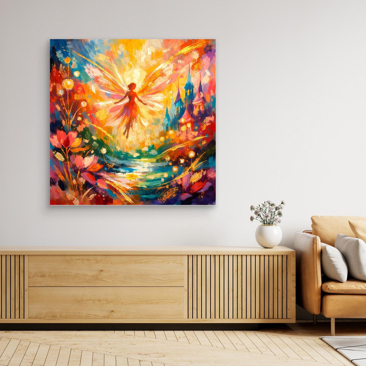Ungerahmtes Leinwandbild mit bunter Fee-Fantasieszene und leuchtenden Farben