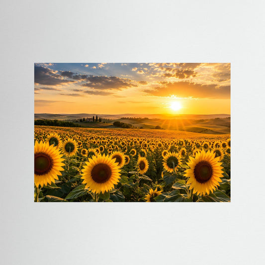 Querformat-Poster mit Sonnenblumenfeld bei Sonnenuntergang ohne Rahmen