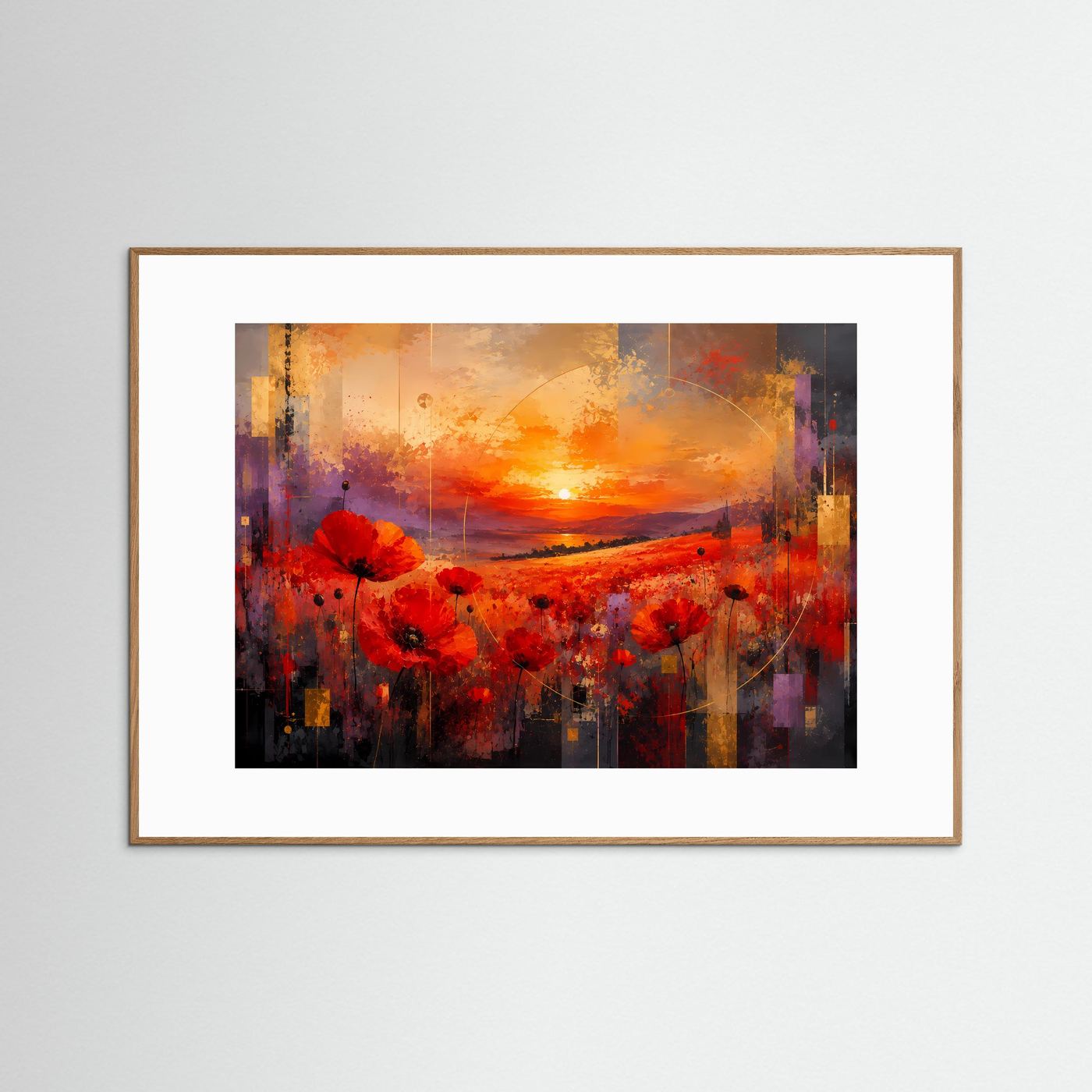 Mohnblumenfeld bei Sonnenuntergang Poster Querformat | Abstrakte Landschaft mit roten Mohnblumen | Modernes Wandbild in Rot, Orange & Gold