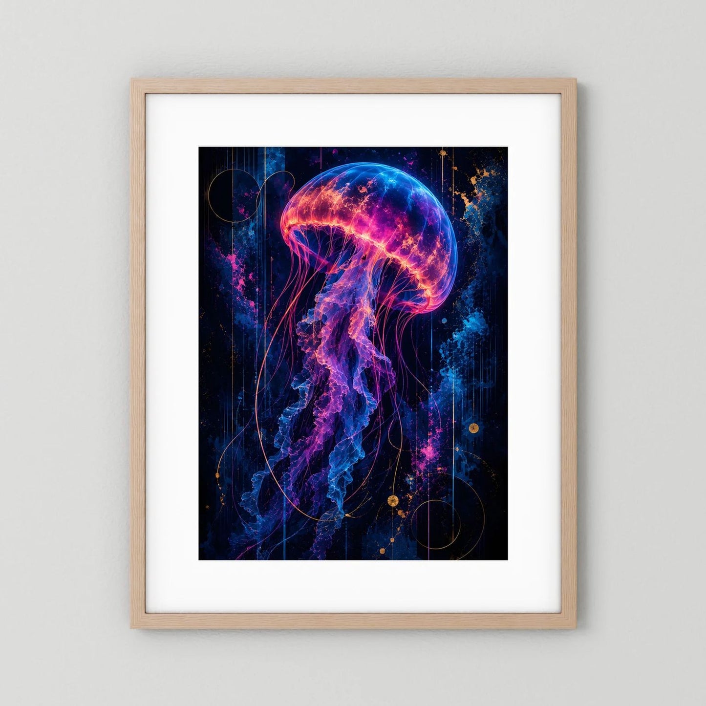 Leuchtendes Quallenposter mit neonfarbenem Quallenmotiv in Pink, Blau und Gold, Holzrahmen natur