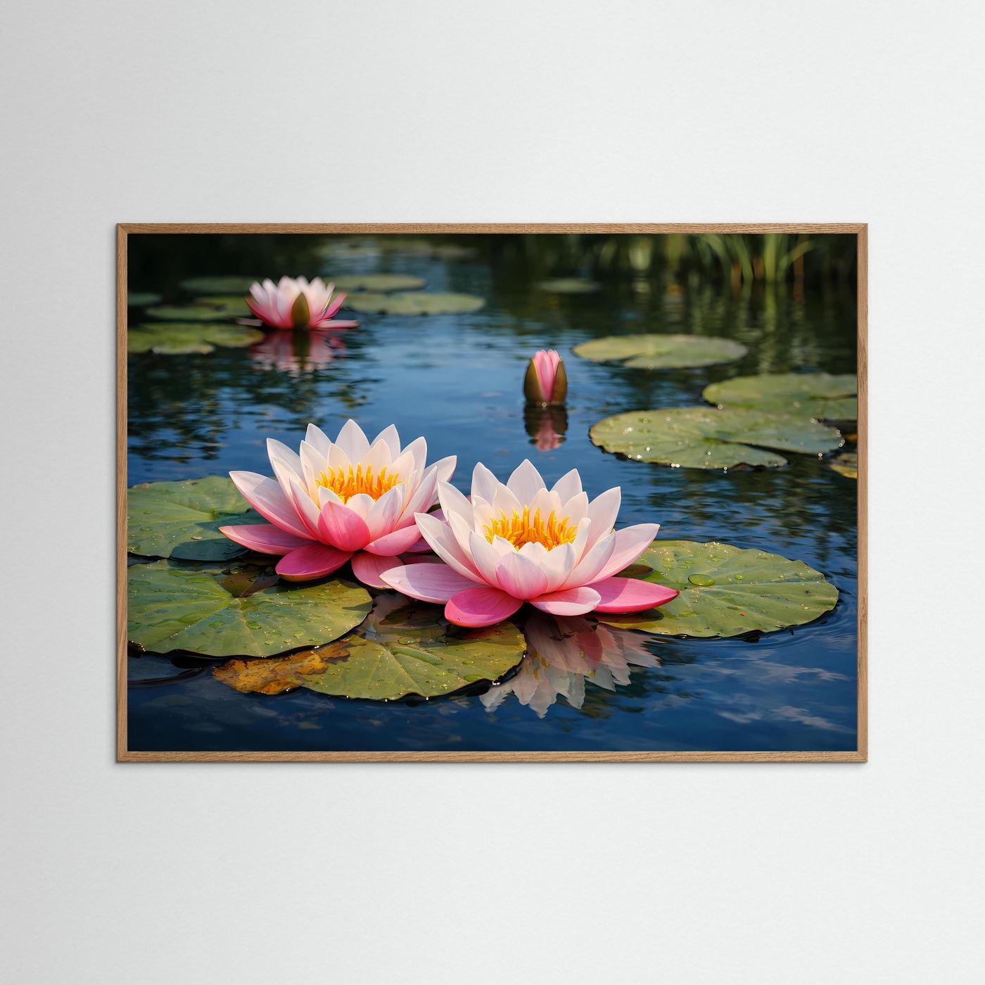 Gerahmtes Poster mit rosa Seerosen auf ruhigem Teich, heller Eichenrahmen