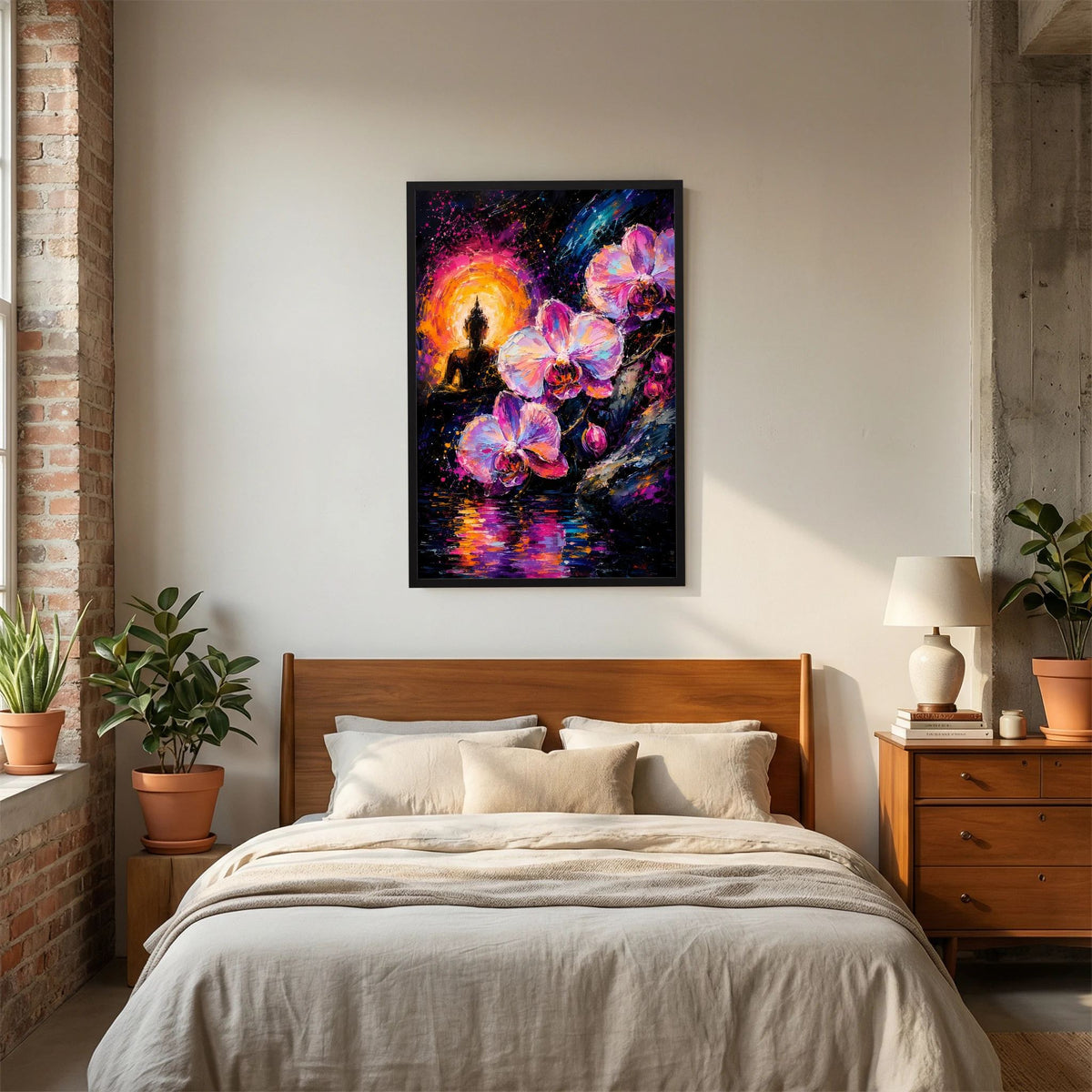 Poster mit Buddha- und Orchideenmotiv in Neonfarben, im schwarzen Rahmen über dem Bett