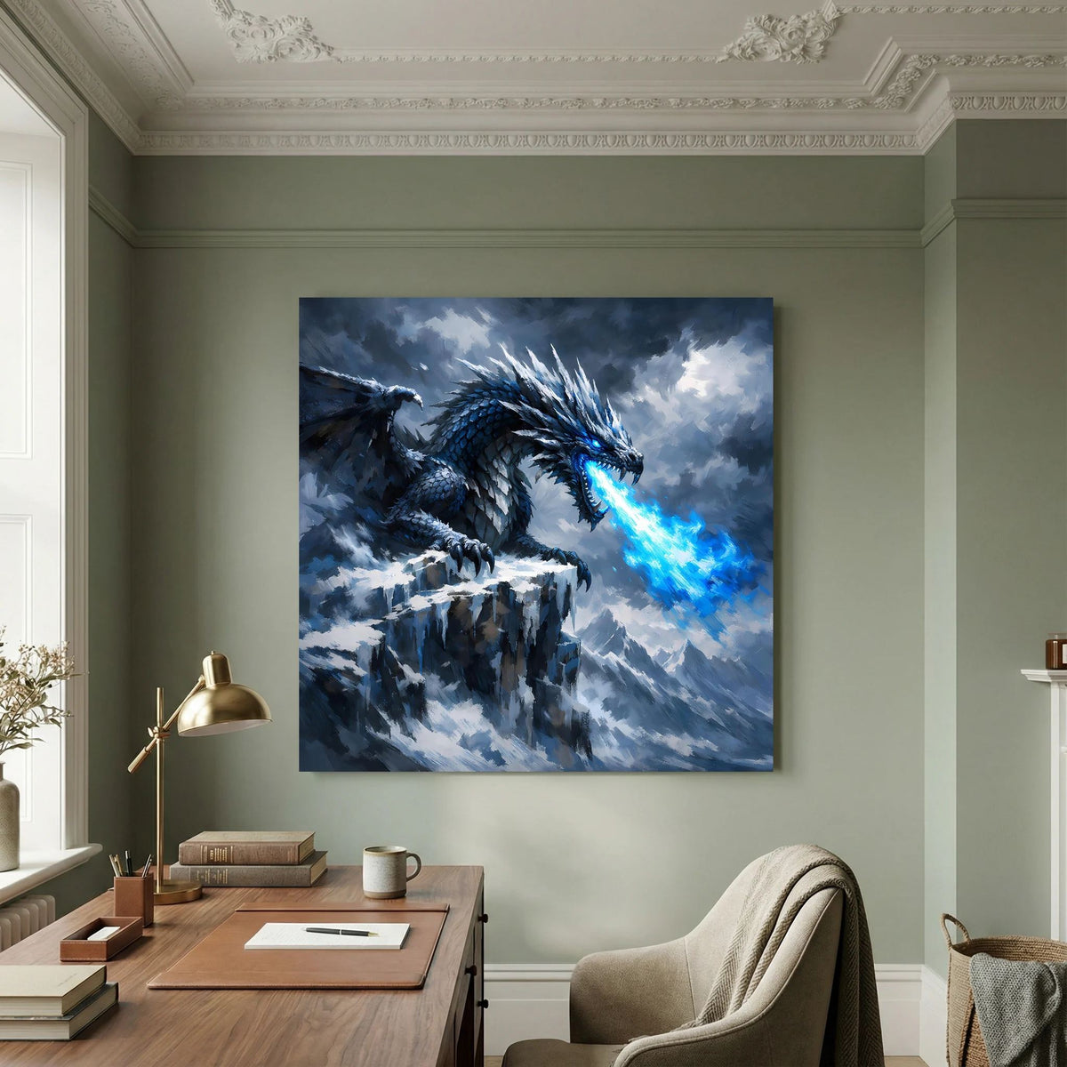 Fantasy-Leinwandbild mit blauem Eisdrache auf Berggipfel und leuchtender Eisflamme