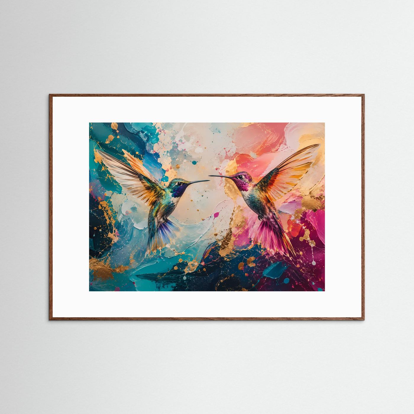Zwei Kolibris im Farbspiel | Modernes Wandbild & Kunst-Poster mit Goldakzenten