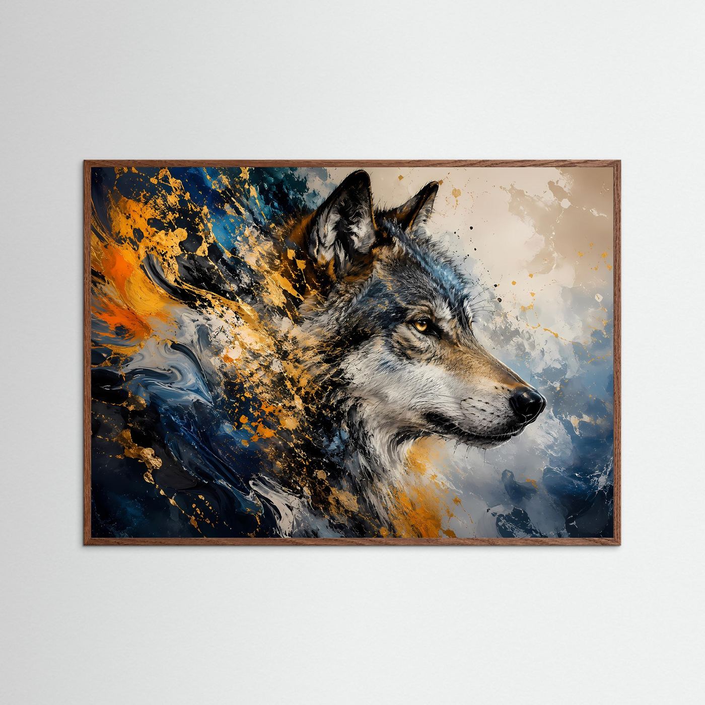 Majestätischer Wolf in Blau & Gold | Abstrakte Tierkunst & Natur Poster Querformat