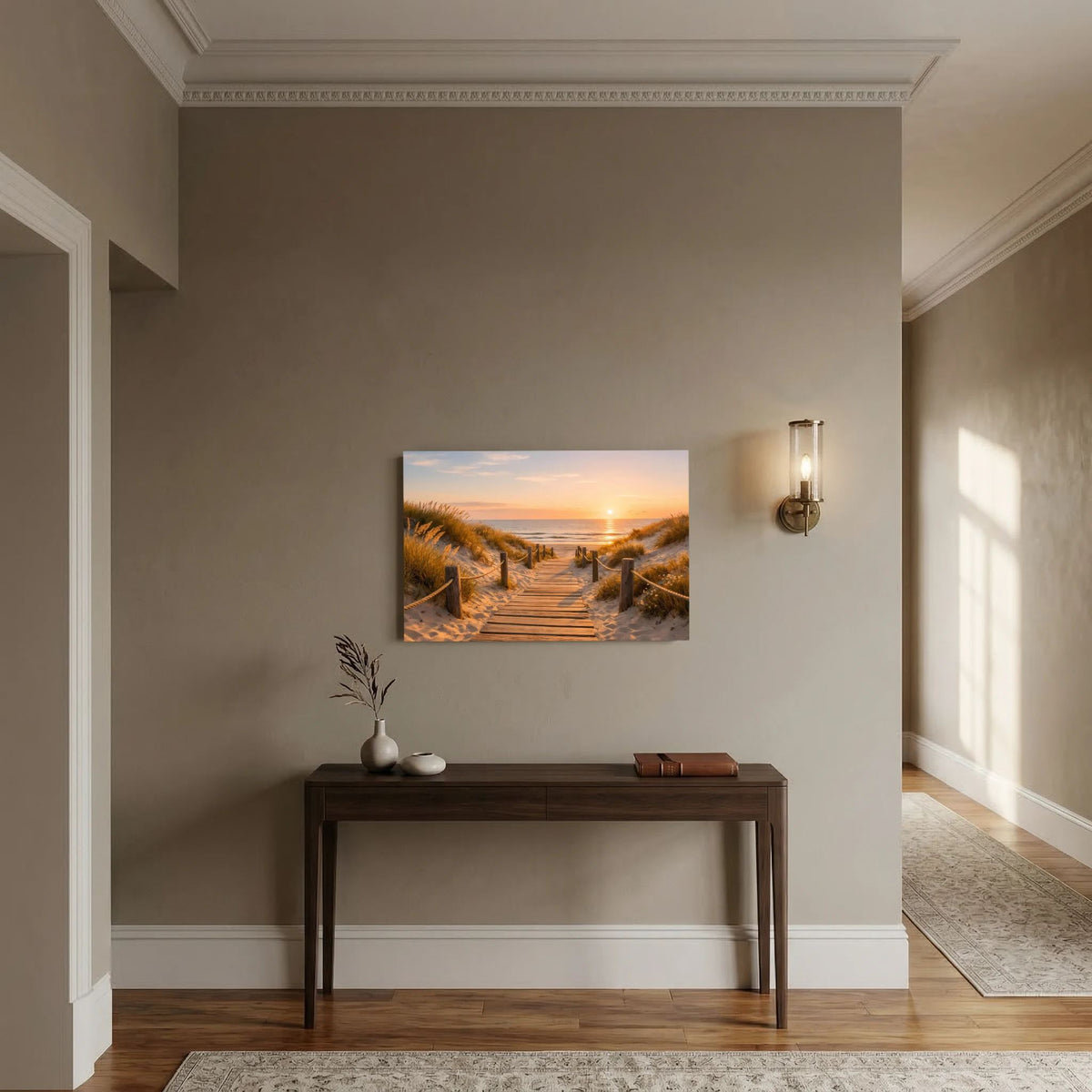 Wandposter mit Dünenweg am Meer bei Sonnenuntergang, rechteckig