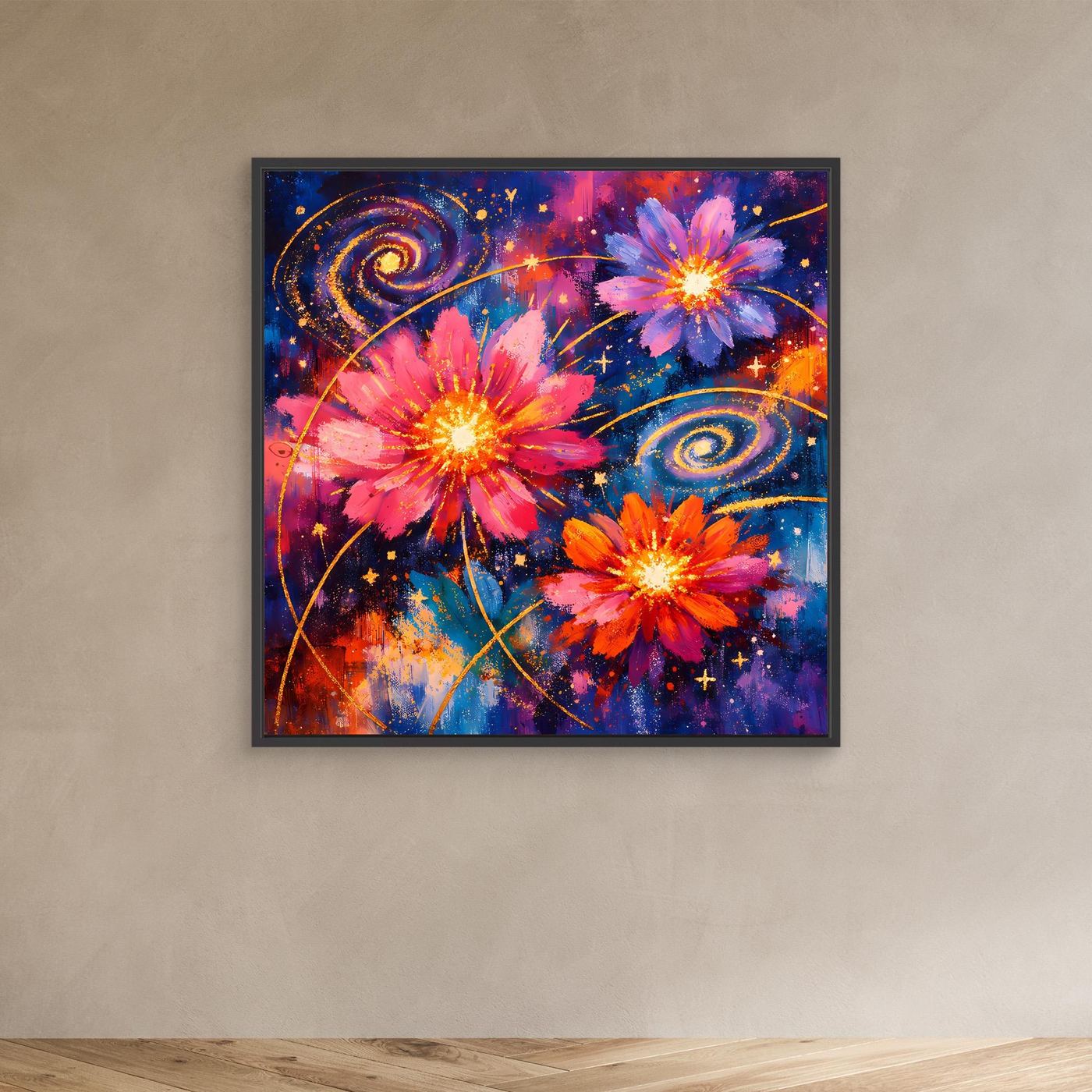 Abstraktes Leinwand-Wandbild mit kosmischen Blüten in Pink und Blau im schwarzen Rahmen