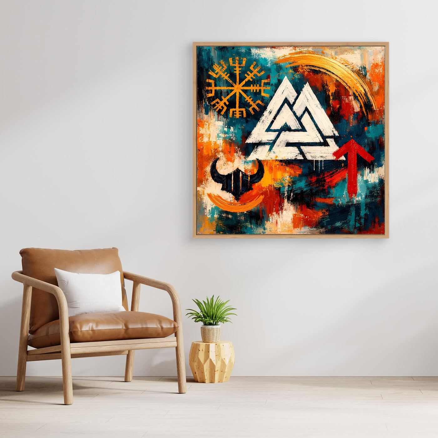 Wandbild mit Wikinger-Symbolen im hellen Holzrahmen: Dreieck, Runen, roter Pfeil