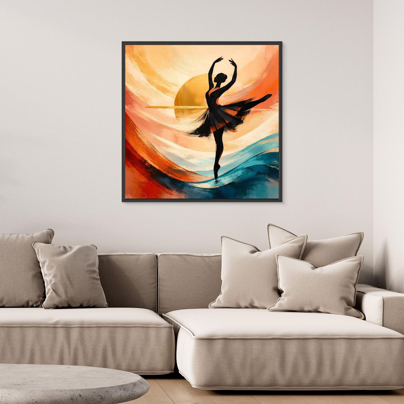 Wandbild mit schwarzer Ballerina-Silhouette in abstraktem Farbverlauf, eingefasst in dunklem Rahmen