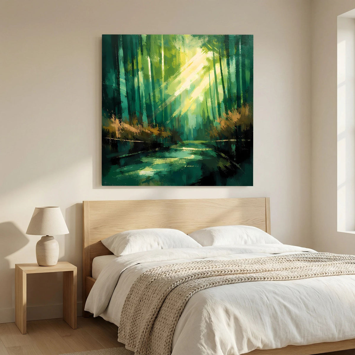 Leinwand-Wandbild mit abstrakter Waldszene: grün-gelbe Lichtstrahlen und dunkles Wasser