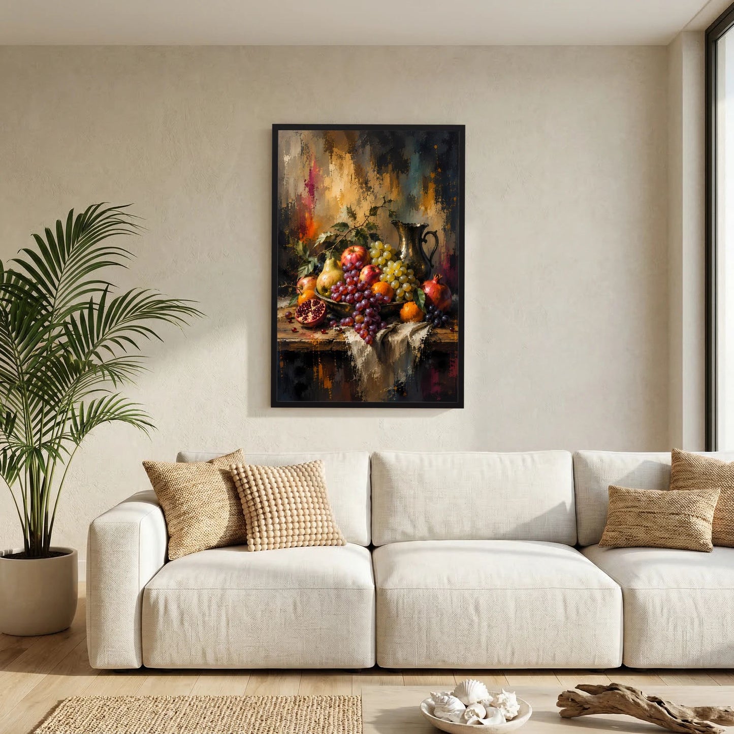 Kunstposter im Hochformat mit schwarzem Rahmen, Trauben-Granatapfel-Äpfel-Stillleben