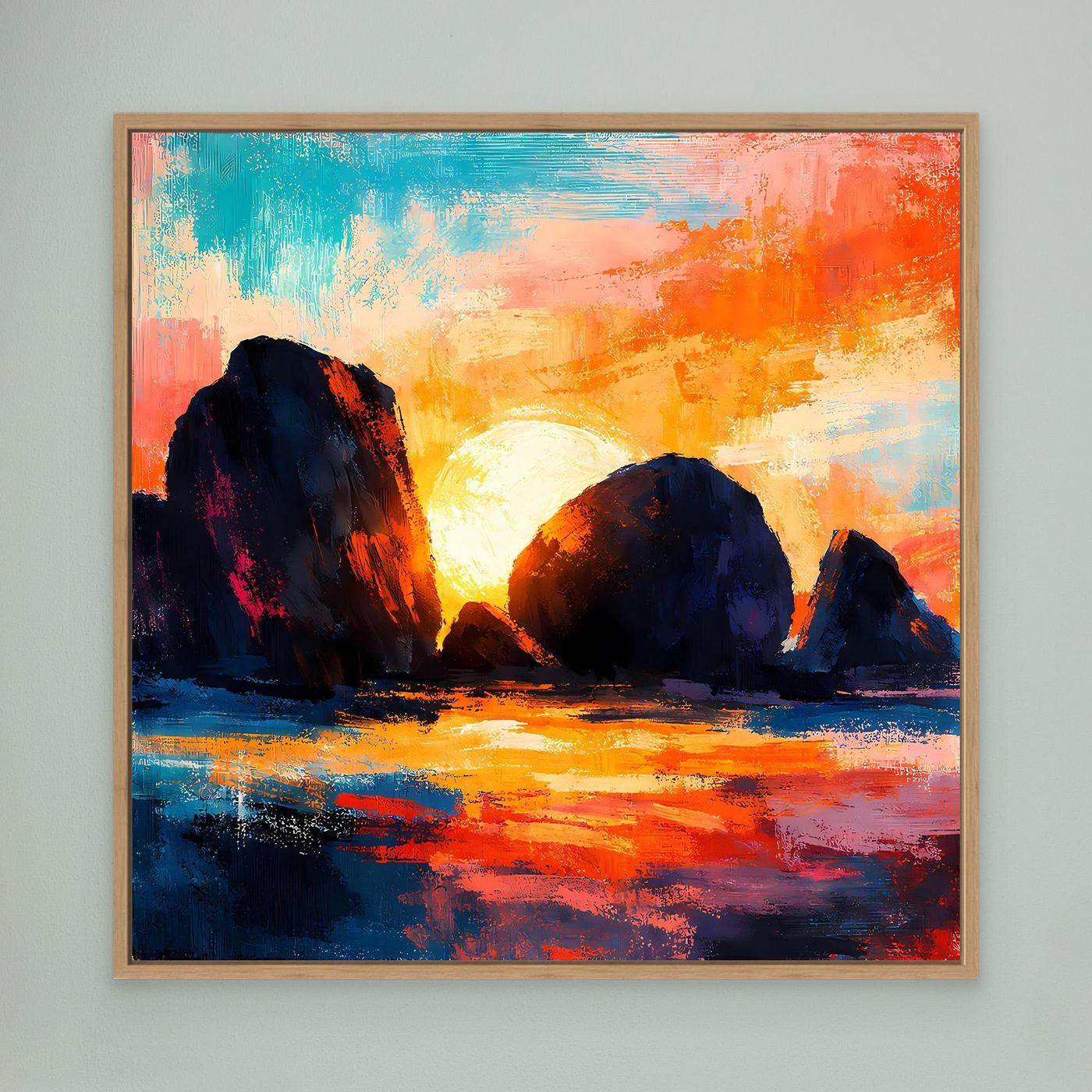 Abstraktes Küsten-Leinwandbild mit Holzrahmen: dunkle Felsen, Sonne und Spiegelung im Meer