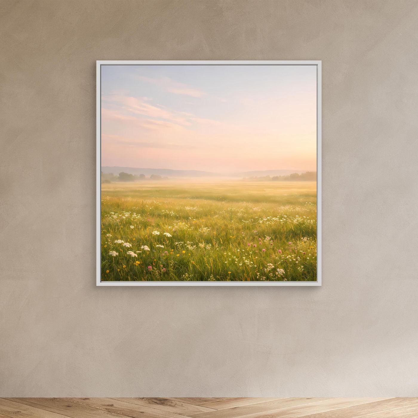 Leinwandbild Neblige Blumenwiese mit Wildblumen im weißen Rahmen, Pastelltöne am Himmel