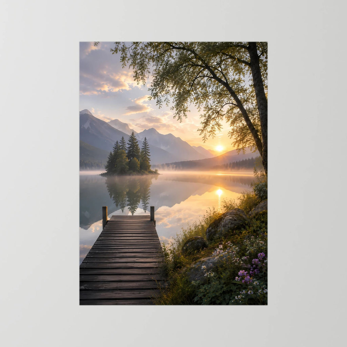 Bergsee mit Holzsteg | Sonnenuntergang in ruhiger Berglandschaft | Poster Hochformat