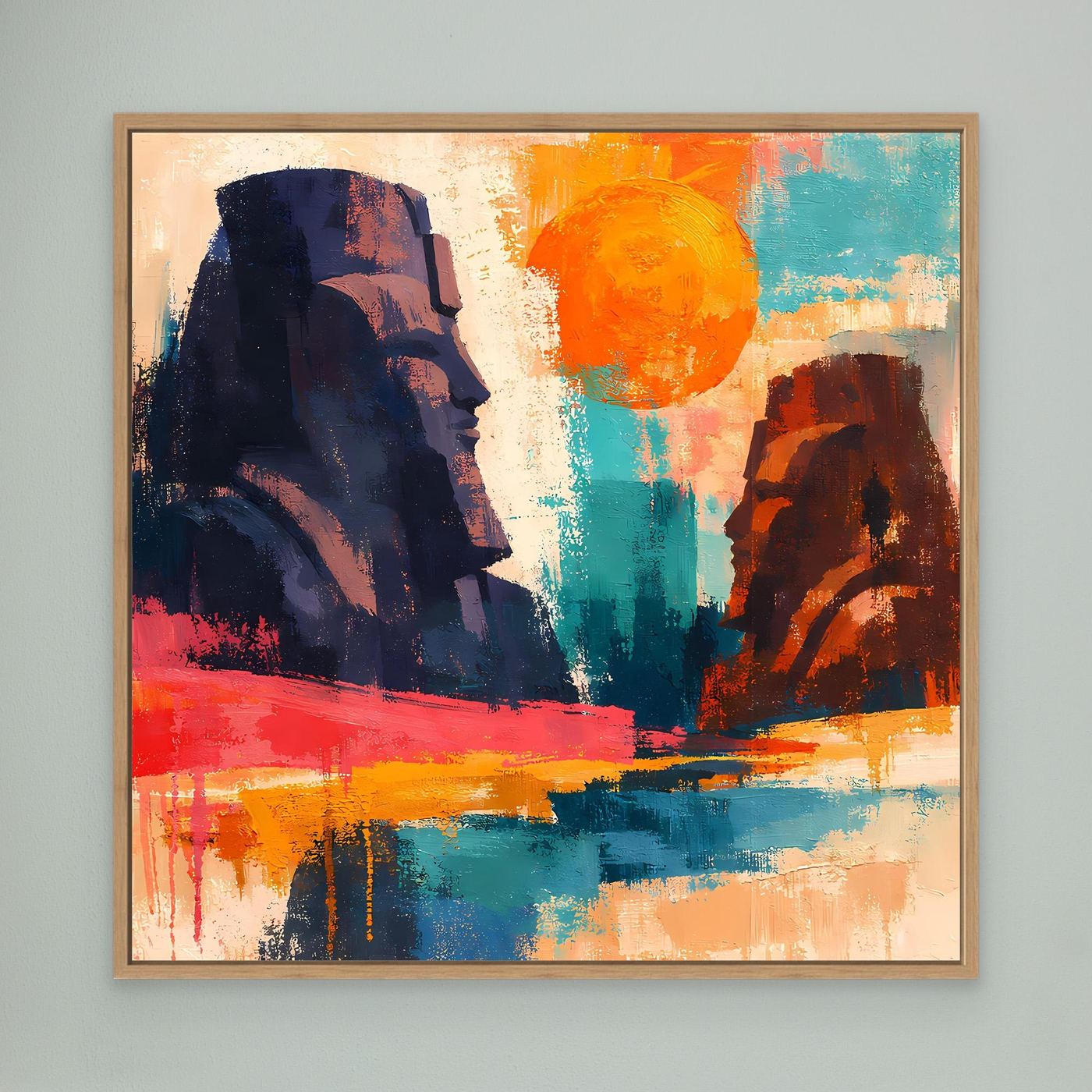Leinwandbild mit braunem Holzrahmen: abstrakte Pharaonenstatuen in Blau, Orange und Rot.