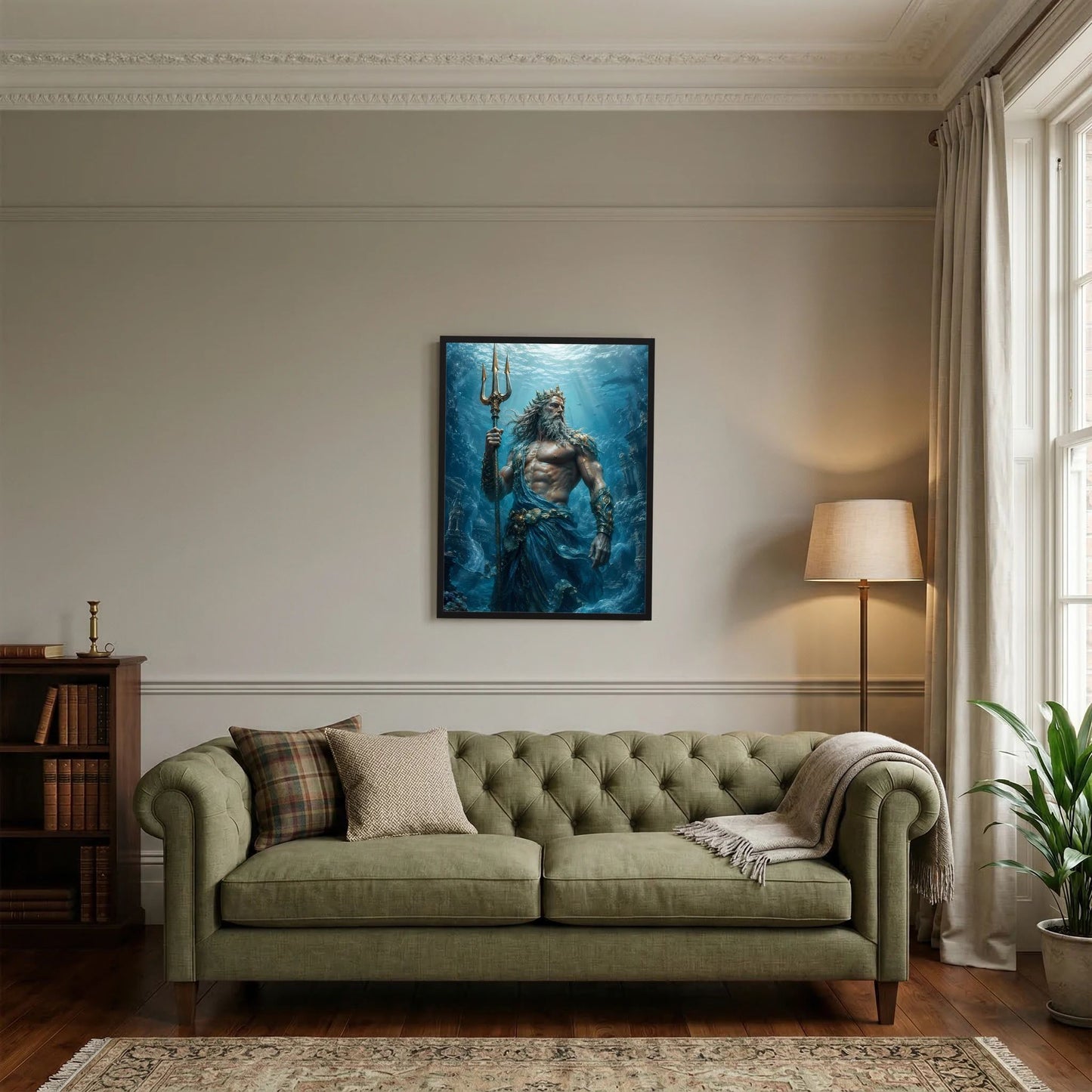 Wandposter mit Poseidon und Dreizack im Unterwassermotiv, dunkler Rahmen