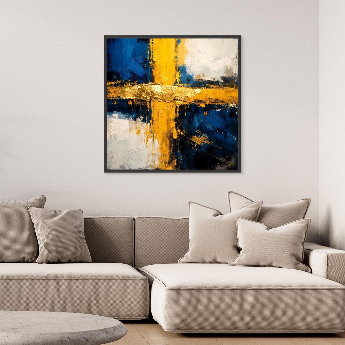 Abstraktes Leinwandbild mit Kreuz-Optik in Blau, Gelb und Gold, schwarzer Rahmen