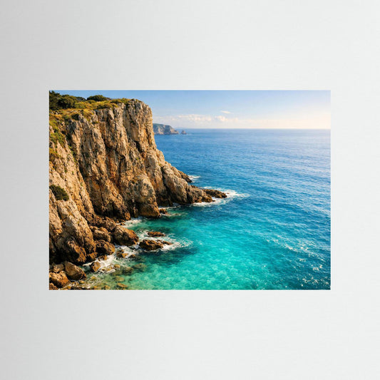 Querformat-Poster mit Felsklippen und türkisblauem Meer