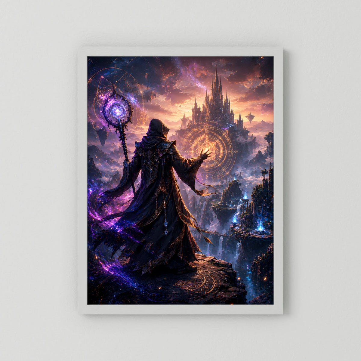 Kunstposter im Hochformat mit weißem Rand: dunkler Magier, Stab mit violettem Glühen